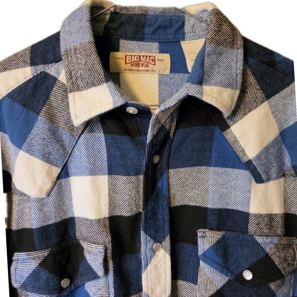 VTG Big Mac Workwear Mens Blue Black Plaid Flannel Western Snap Shirt Large Tall